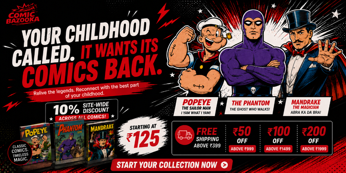 Comic book advertisement with superhero characters and promotional text on a dark background